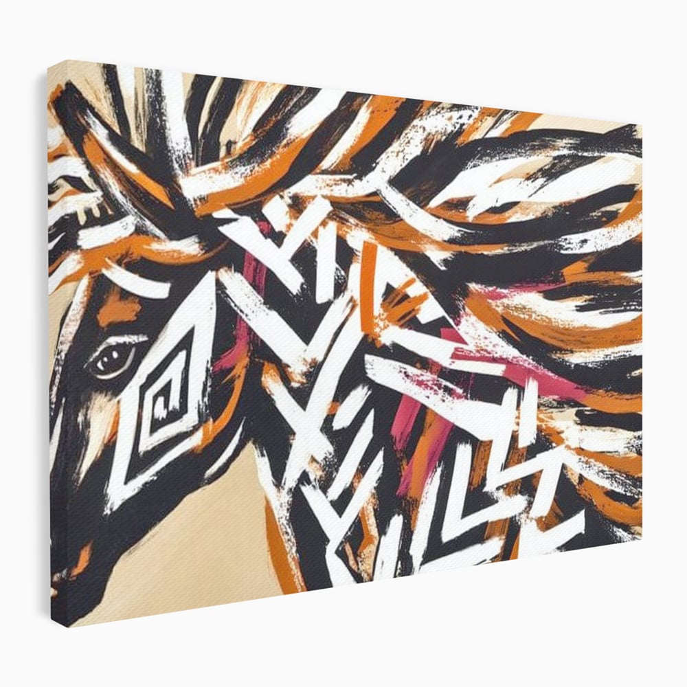 Tablou canvas cu pictura cu cap de cal tribal, fara rama, pe sasiu de lemn
